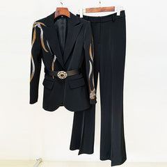 Star Socialite Colorful Crystals Rhinestone Series Belt Suit Bell Bottom Pants Suit Two Pieces