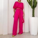 Lässiges Set, Rundhalsausschnitt, kurzärmeliges Oberteil, Kordelzug, hohe Taille, Hose, zweiteiliges Set