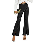High Waist Slim Fit Slit Bell-Bottom Pants Casual Leather Pants