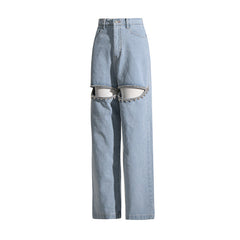 Pantalon taille haute en jean à jambes larges, pantalon droit à découpes et à perles en diamant
