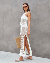 Gestricktes Strandkleid mit Ausschnitt und Quaste, rückenfreies Strickkleid, lässiges Strandkleid
