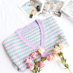 Cardigan Retro Rainbow Striped V neck Short Sweater Coat