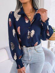 Elegant Feather Lantern Sleeve Collared Shirt