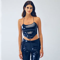 Solid Color Cropped Backless Faux Leather Camisole