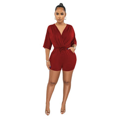 Solid Color V Neck Fitted Waist Jumpsuit Casual Shorts