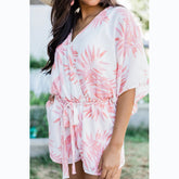 Casual Digital Printed V Neck Elastic Waist Lace Up Casual