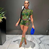 Street Mesh Blumendruck T-Shirt Top Shorts Casual Set