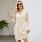 Einfarbiges, langes Pulloverkleid mit V-Ausschnitt, elegantes Strickkleid mit gedrehter Basis für den Herbst