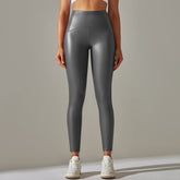 Kunstlederhose, hochelastisch, hohe Taille, einfarbig, leuchtend schwarz, enge Hose, Lauf-Fitness-Yogahose