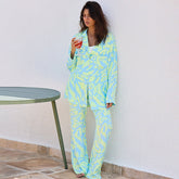 Bedruckter Pyjama, Langarmanzug, lockere Hose, lässige Oberbekleidung aus Kunstseide