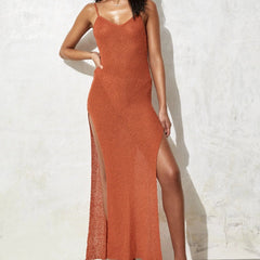 Sleeveless Slim Fit See through Sling Vacation Dress Knitted Slit Backless Dress