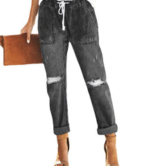 Wish Kordelzug Elastische Taille Zerrissene Jeanshose Freizeithose