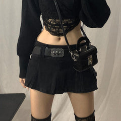 Solid Color Personalized Street Europe America Denim Pleated Skirt Skirt