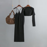 Pure Halterneck With Suspenders Knitted Dress Trendy Cardigan Two Piece Set