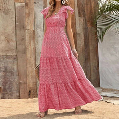 Bohemian V-neck High Waist Print Vacation Dress Stitching Floral Dress