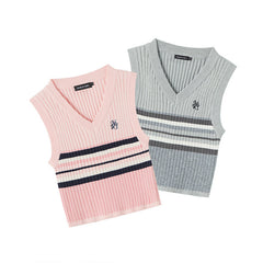 Japanese College Embroidered Sleeveless Waistcoat Vest Short Knitted Top