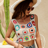 Ethnic Outerwear HCrocheting Crop-Top Spaghetti-Strap Short Square Collar Contrast Color Floral Hollow Out Corchet Vest