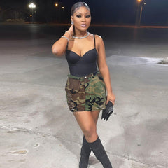 Camouflage Pocket Tassel Hollow Out Cutout Skirt