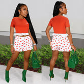 Lace Color Matching Short-Sleeved T-shirt Lip Printings Slim Two-Piece Set Romper