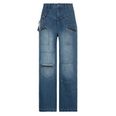 Tall Multi Pocket Zipper Worn Jeans Ribbon Straight Wide Leg Trousers