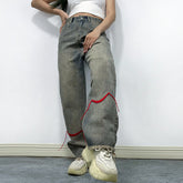 Retro-Jeans mit geradem Bein und ausgefranstem Saum, hohe Taille, schlankmachende, lockere Hose