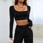 Sports Casual Cropped Knitted High Elastic Long Sleeved T shirt Top