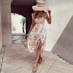 Ruffled Sleeveless White with Printed Pattern Dress