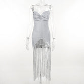 Dress Sequined Tassel Hem Dress Chest Double-Layer Dress V neck Brace Dress
