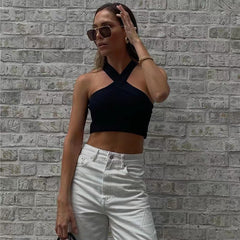 Débardeur court en tricot à col croisé et bretelles fines