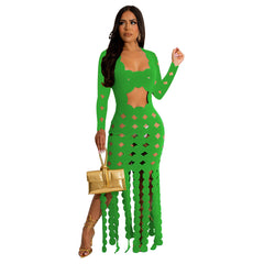 Square Collar Long Sleeve Personalized Burning Floral Hollow Out Cutout Nightclub Dress