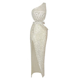 Silver One Shoulder Sequin Patchwork Slit Cropped Outfit Stretch Hipmal Dress