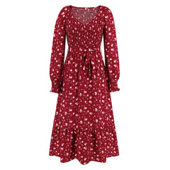 Smocking Dress Slim Fit Slimming Bubble Long Sleeve V Neck Floral Maxi Dress