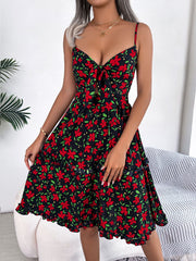 Casual Floral Bow Ruffle Sleeveless Dress