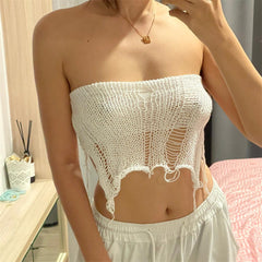 Knitted Hollow Out Cutout out Strap Tube Top Lace up Bare Back Vest