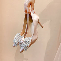 Damen Spitzschuh Satin Brautjungfer Schleife Strass