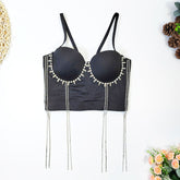 Hip Hop Belly Dance Performance Tube Top Nightclub Body Shaping Boning Corset Tassel Rhinestone Beaded Sling