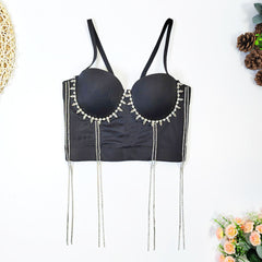 Hip Hop Belly Dance Performance Tube Top Nightclub Body Shaping Boning Corset Tassel Rhinestone Beaded Sling