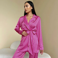 Loose Cardigan Printed Long Sleeve Two Piece Pajamas Satin Casual Comfortable Homewear