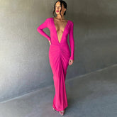 Robe à manches longues, col en V, slim, plissée, couleur unie