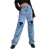 Personalized Printed High Waist Straight Leg Denim Trousers