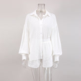 French White Jacquard Cotton Puff Sleeve Casual Shorts Suit Homewear Cool Pajamas