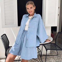 Cotton Long Sleeve Shorts Pajamas Casual Loose Nightgown Worn outside Homewear