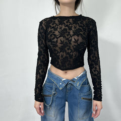 Aushöhlen Cutout Spitze Langarm Bottoming Shirt Crop Top Kurzes Top