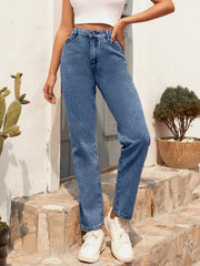 Pantalon en denim délavé rétro facile à assortir, taille haute