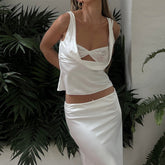 Ärmelloses Satin-Kordelzug-Kurzes zweiteiliges Set-Top aus Spitze