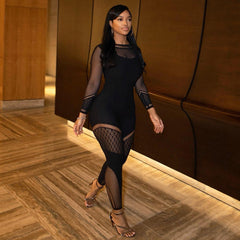 able See through Hollow Out Cutout Long Sleeve Mesh One Piece Trousers