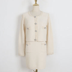 Rosa V-Ausschnitt Strick Zweiteiler Klassische Party Shopping Rundhals Cardigan Rock Sets