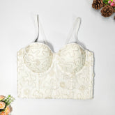 Corset vintage à armatures et broderies, coupe slim, dos nu, élégant, gainant, avec anneau en acier, haut tube en organza