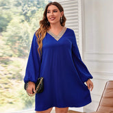 Plus Size Lockeres, lässiges Patchwork-Spitzenkleid mit langen Ärmeln in A-Linie