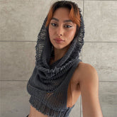 Pull court à capuche sans manches en tricot de couleur unie